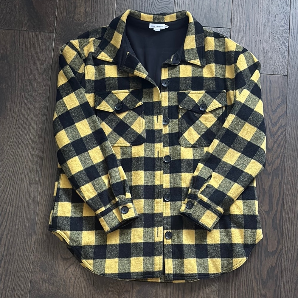 Good American Yellow and Black Plaid Button-Up Shacket